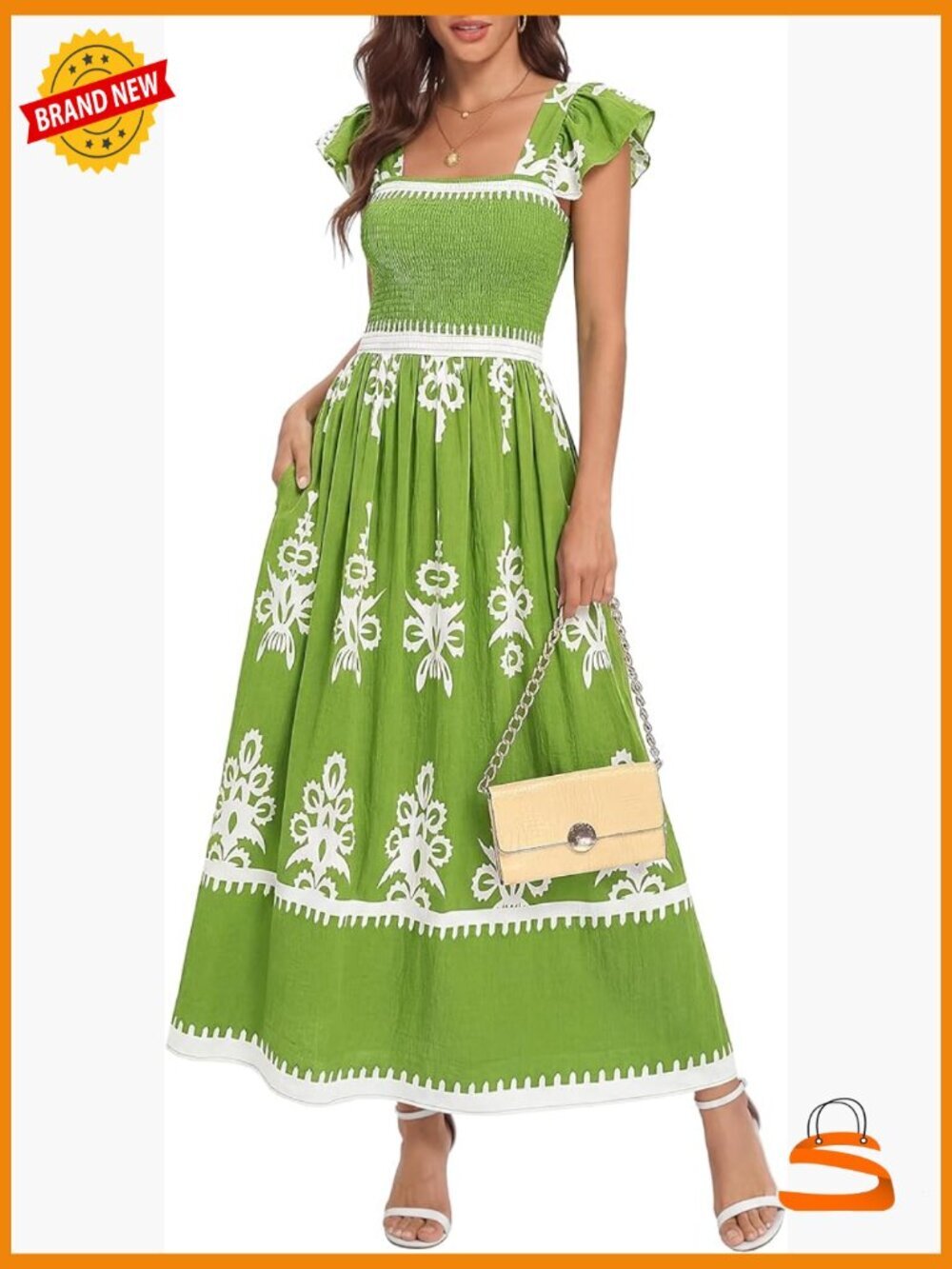 Casual Floral Boho Sleeveless Square Neck Maxi Sundress with Pockets